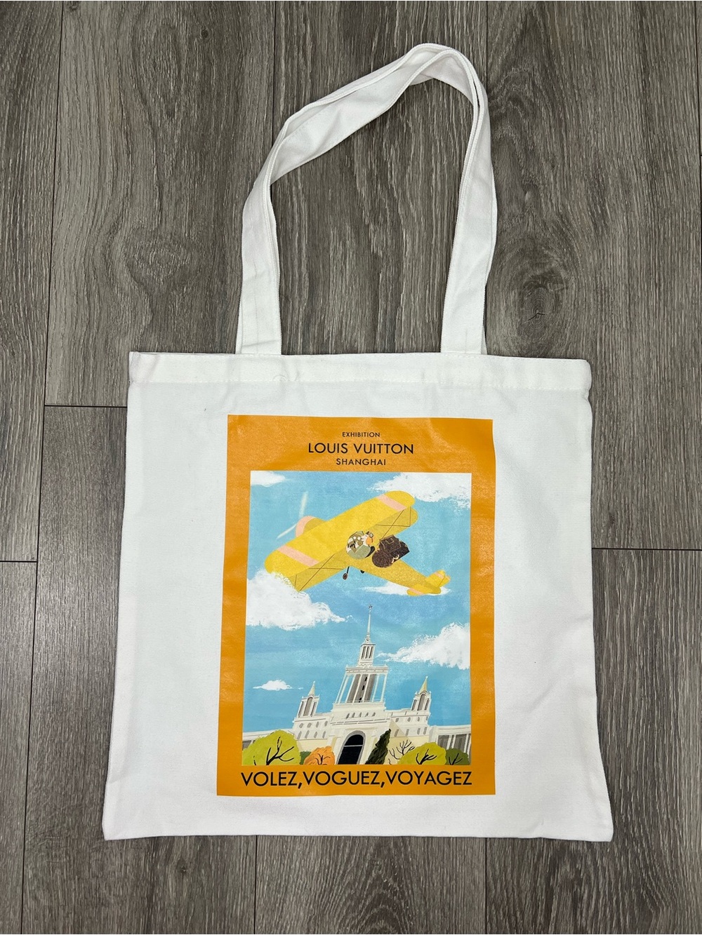 Louis Vuitton White Canvas Tote with Yellow Airplane and Orange Frame